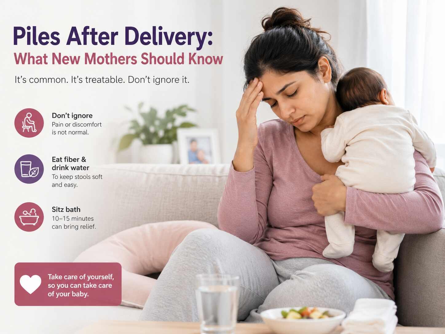 New mother experiencing postpartum piles while sitting on a bed, highlighting discomfort after childbirth and the importance of postpartum hemorrhoid care.
