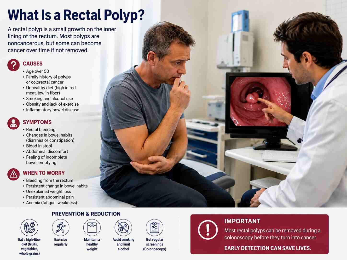 Medical illustration of a rectal polyp inside the rectum, showing a small growth on the lining with labels highlighting common symptoms, possible causes, and warning signs that require medical attention.