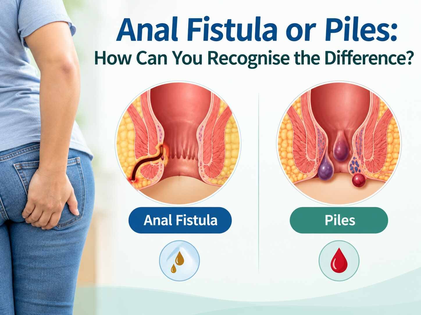 Medical illustration comparing anal fistula and piles, highlighting differences in their anatomical appearance and common symptoms.
