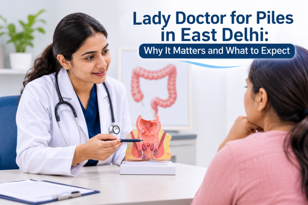 Lady doctor explaining piles treatment to a female patient during a medical consultation in East Delhi.